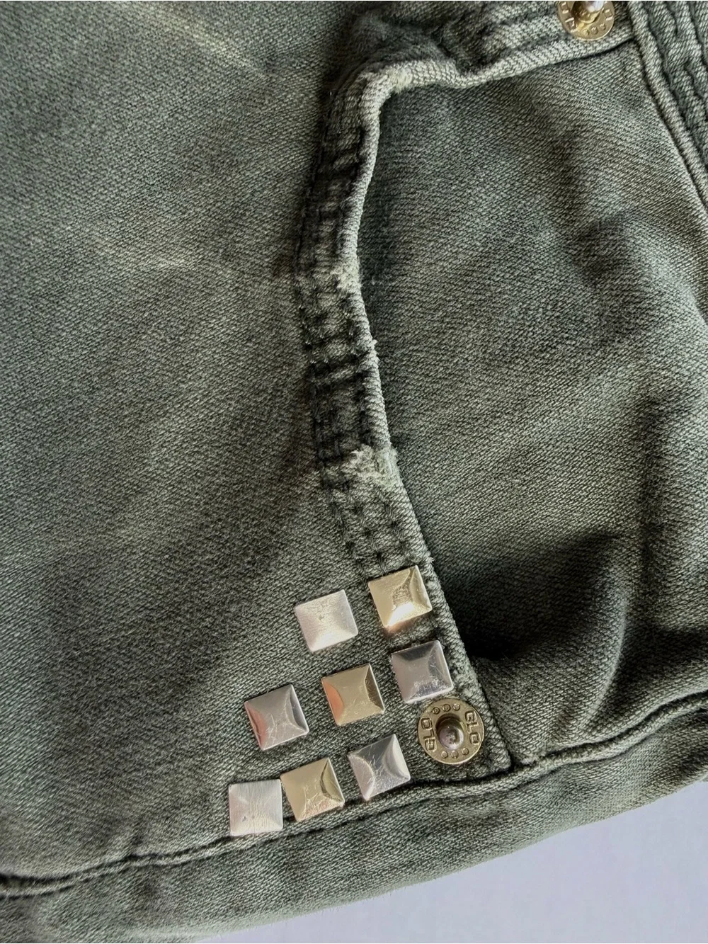 Olive Green Studded Denim Shorts
